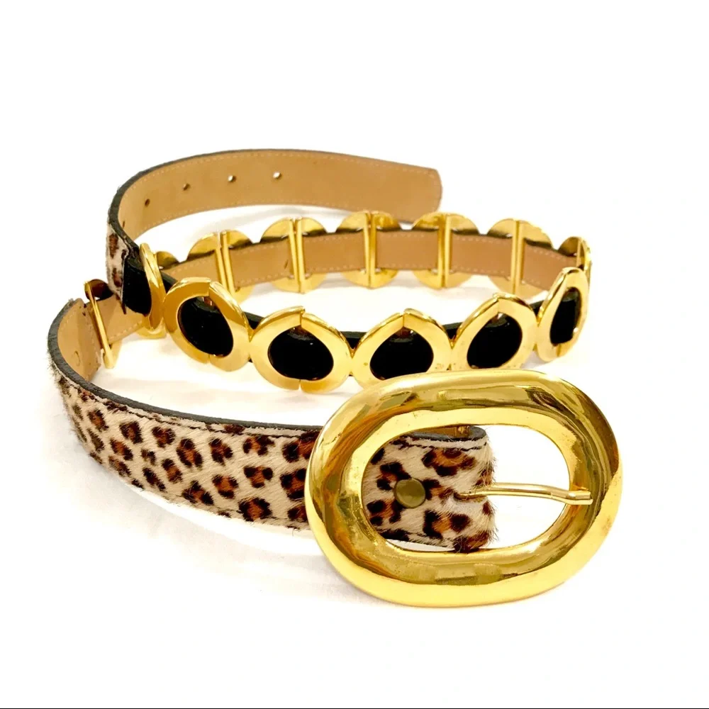 CACHÉ - VINTAGE 90’s Leather & Gold Leopard Calf Hair Belt - Picture 2 of 5